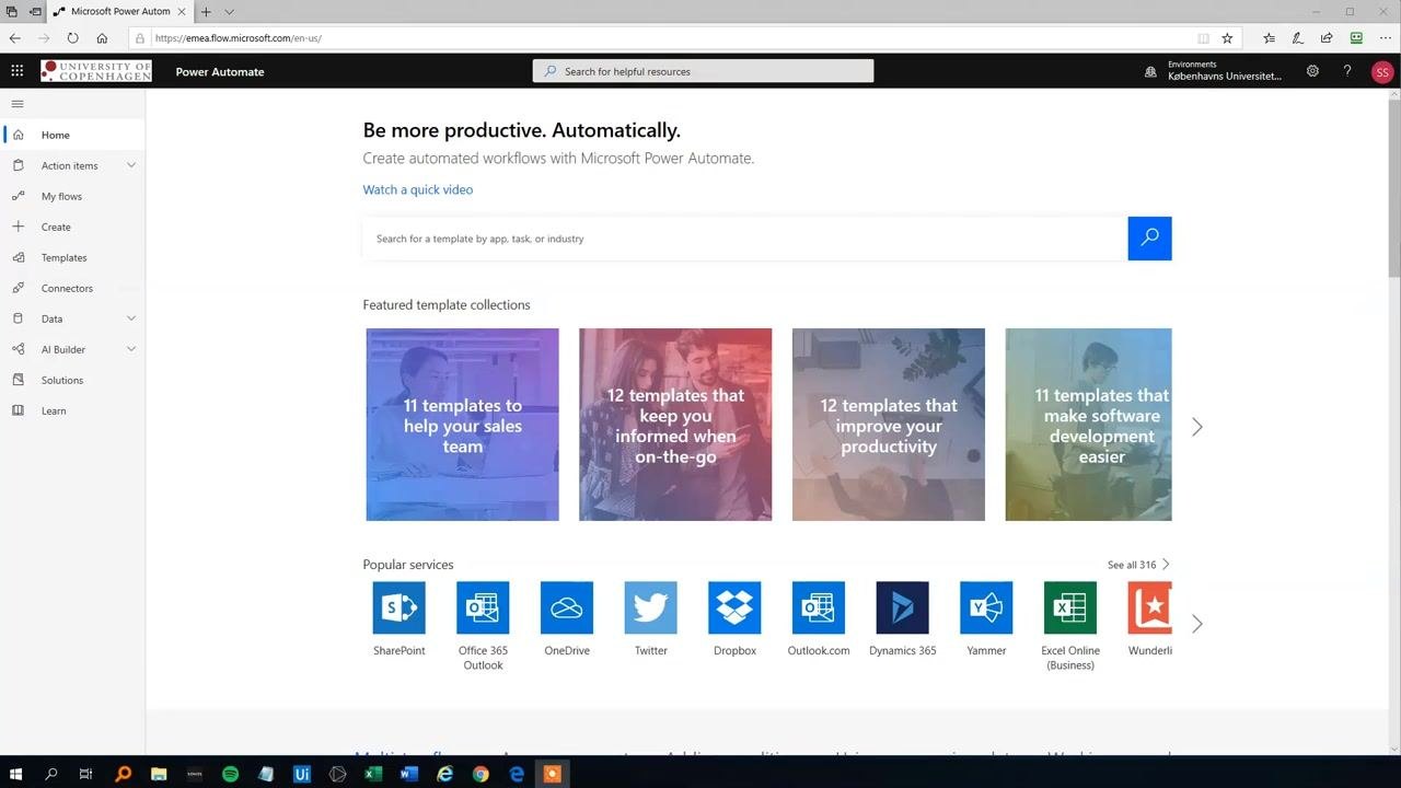 Microsoft Power Automate home screen showing the navigation sidebar, search bar, featured template collections, and icons for popular connected services