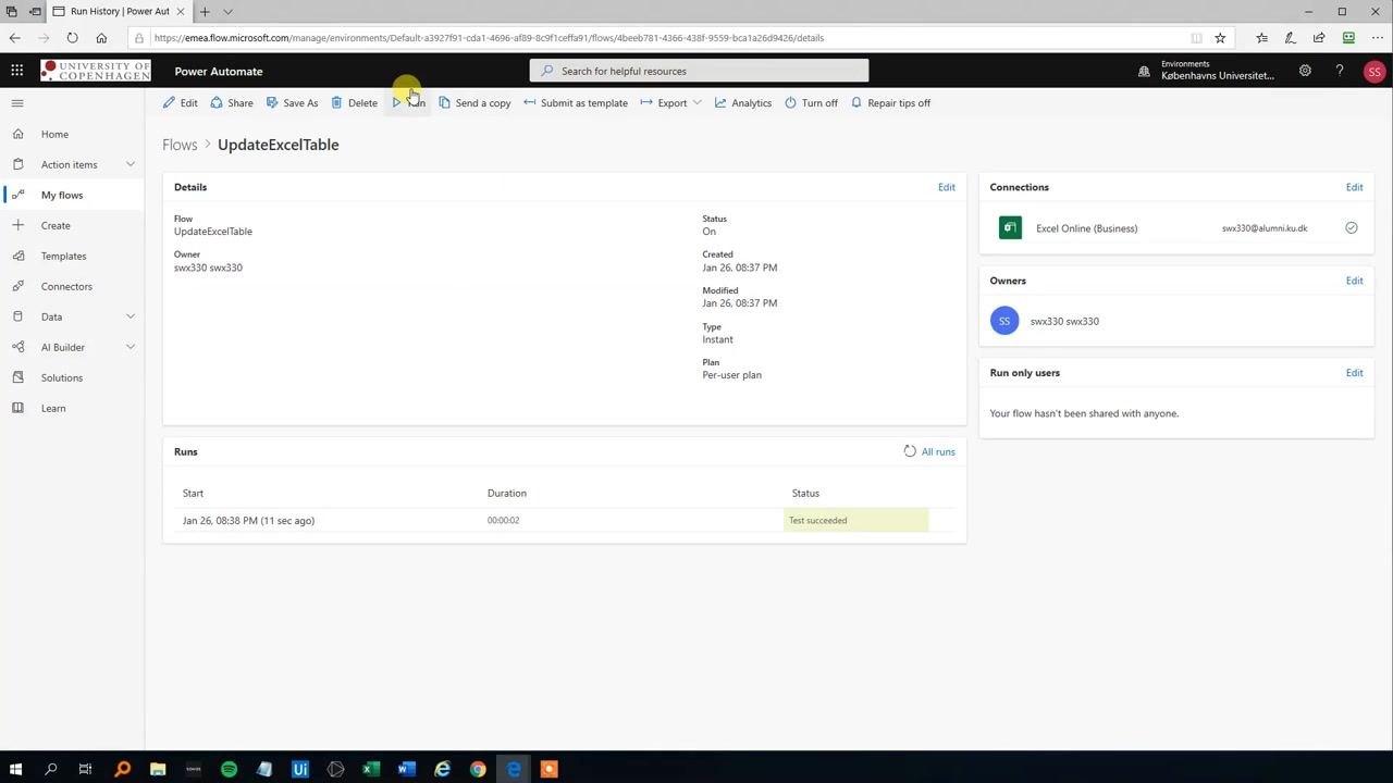 Power Automate flow run confirmation displaying the message "Your flow ran successfully"