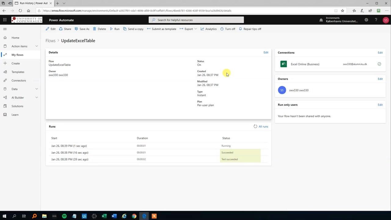 Power Automate flow run history showing multiple successful runs with timestamps and status