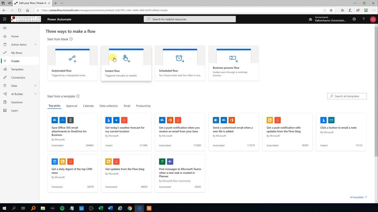 Power Automate "Create" screen displaying flow type options: Automated flow, Instant flow, Scheduled flow, and Business process flow, with Instant flow highlighted