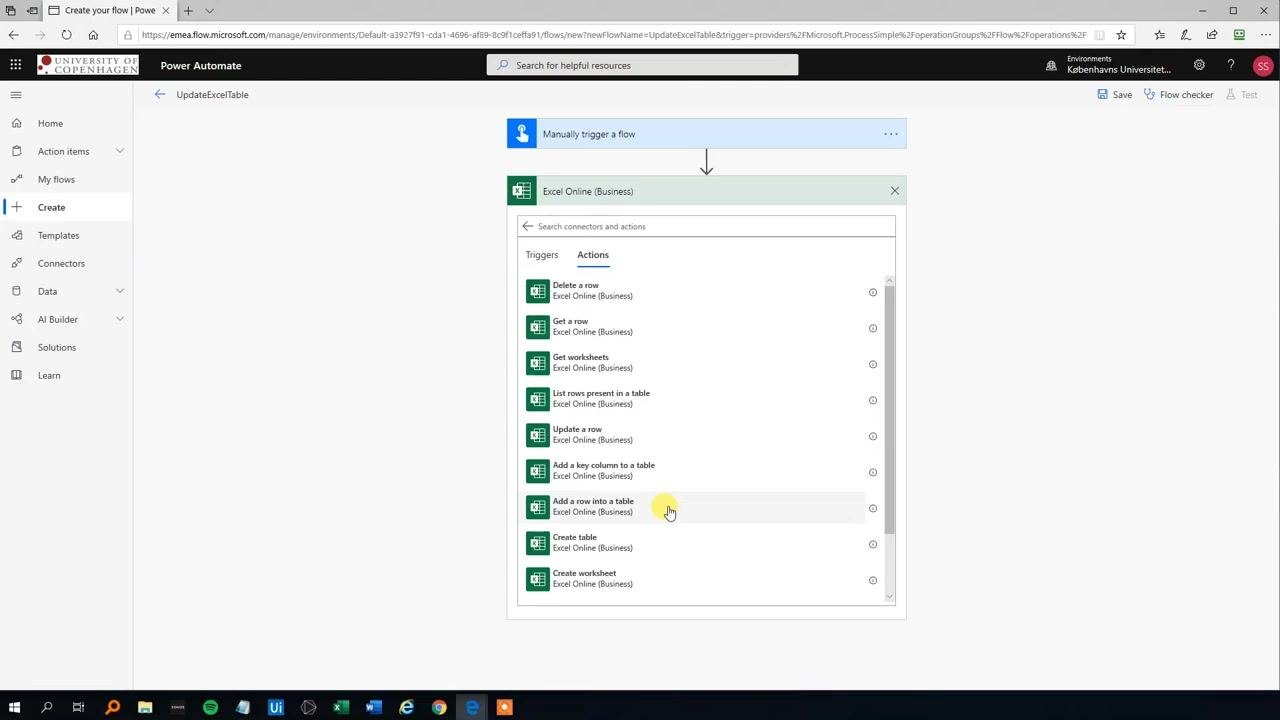 Excel Online (Business) actions list with "Add a row into a table" highlighted