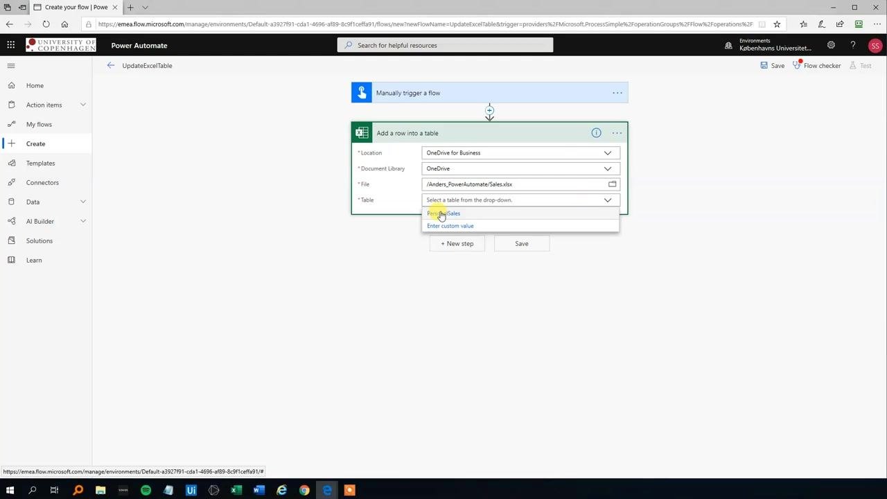 Power Automate "Add a row into a table" action with Location set to OneDrive for Business, Document Library set to OneDrive, File set to /Anders_PowerAutomate/Sales.xlsx, and the Table dropdown showing PersonalSales
