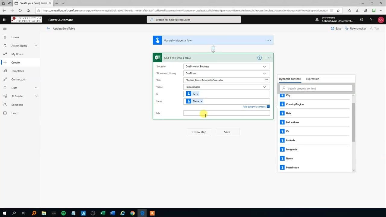 Power Automate "Add a row into a table" action with ID, Name, and Sale fields mapped to dynamic content, with the dynamic content panel open on the right