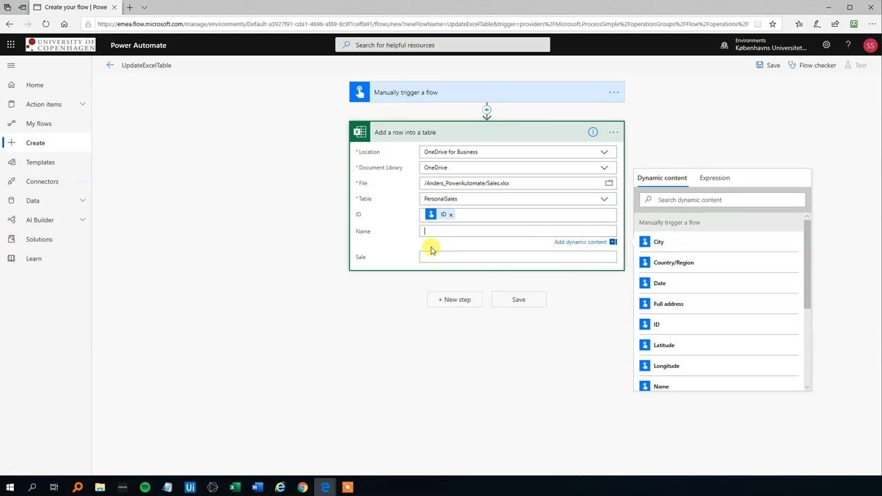 Power Automate flow editor with the "Add a row into a table" action fully mapped and the "Run flow" panel open, showing the Excel Online (Business) connection status