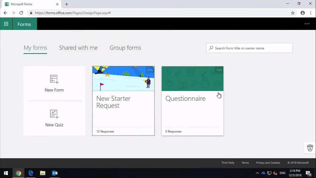 Microsoft Forms landing page showing existing forms and the New Form tile