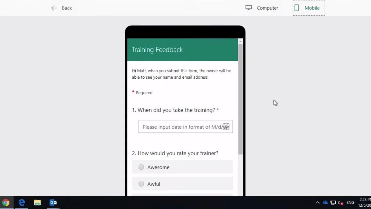 Form preview in desktop mode showing the 'Training Feedback' form with date, trainer rating, and other questions