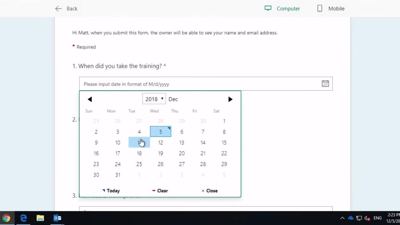 Date picker open for 'When did you take the training?' with December 5, 2018 selected