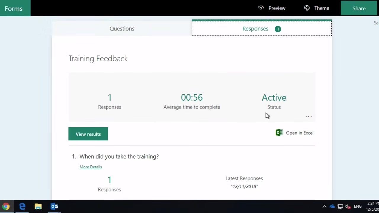 Responses summary showing 1 response, average time, status, and the option to view results