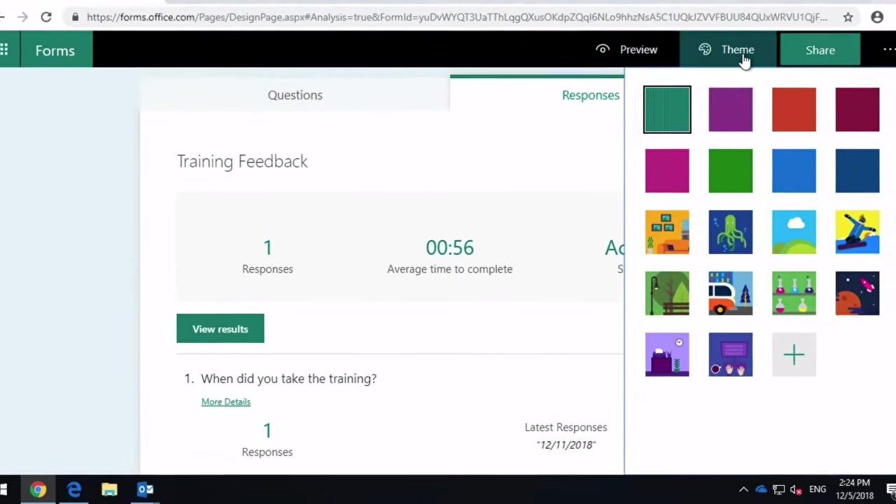 Microsoft Forms Responses tab showing summary statistics, the 'View results' button, and the 'Open in Excel' option, with questions and response counts listed below
