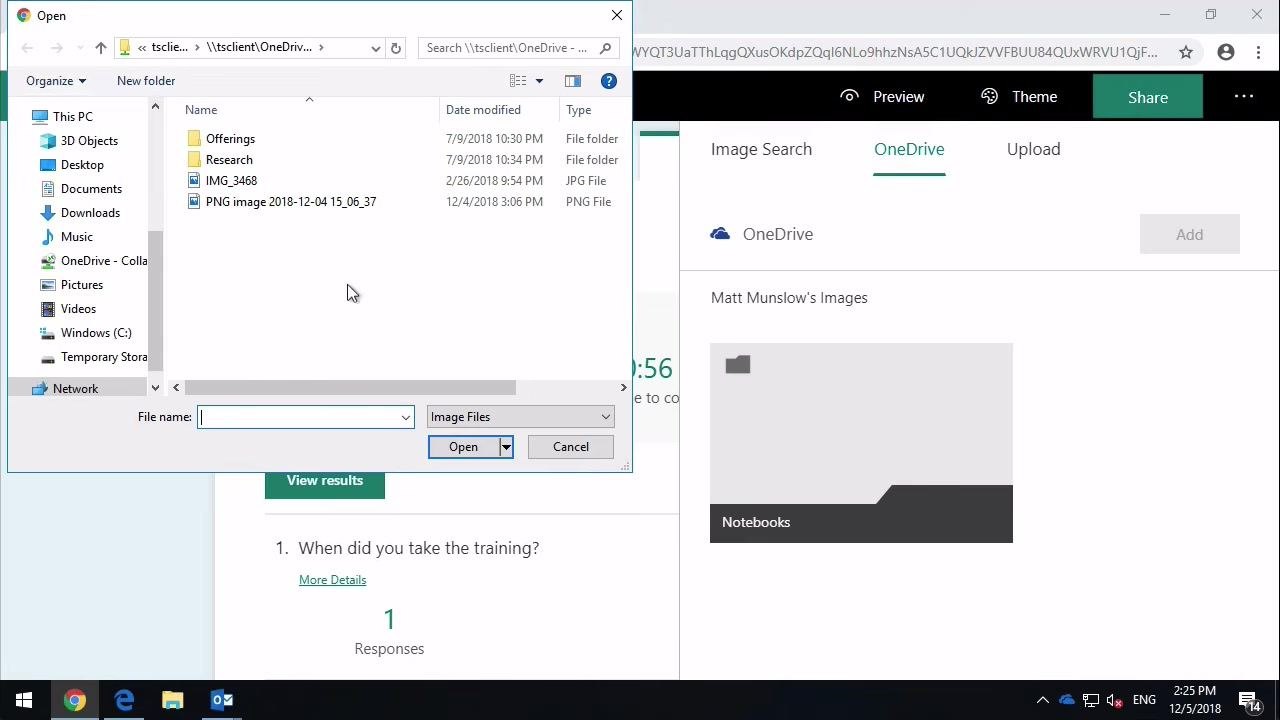 Image search dialog open with the Bing search bar, and OneDrive and Upload tabs visible