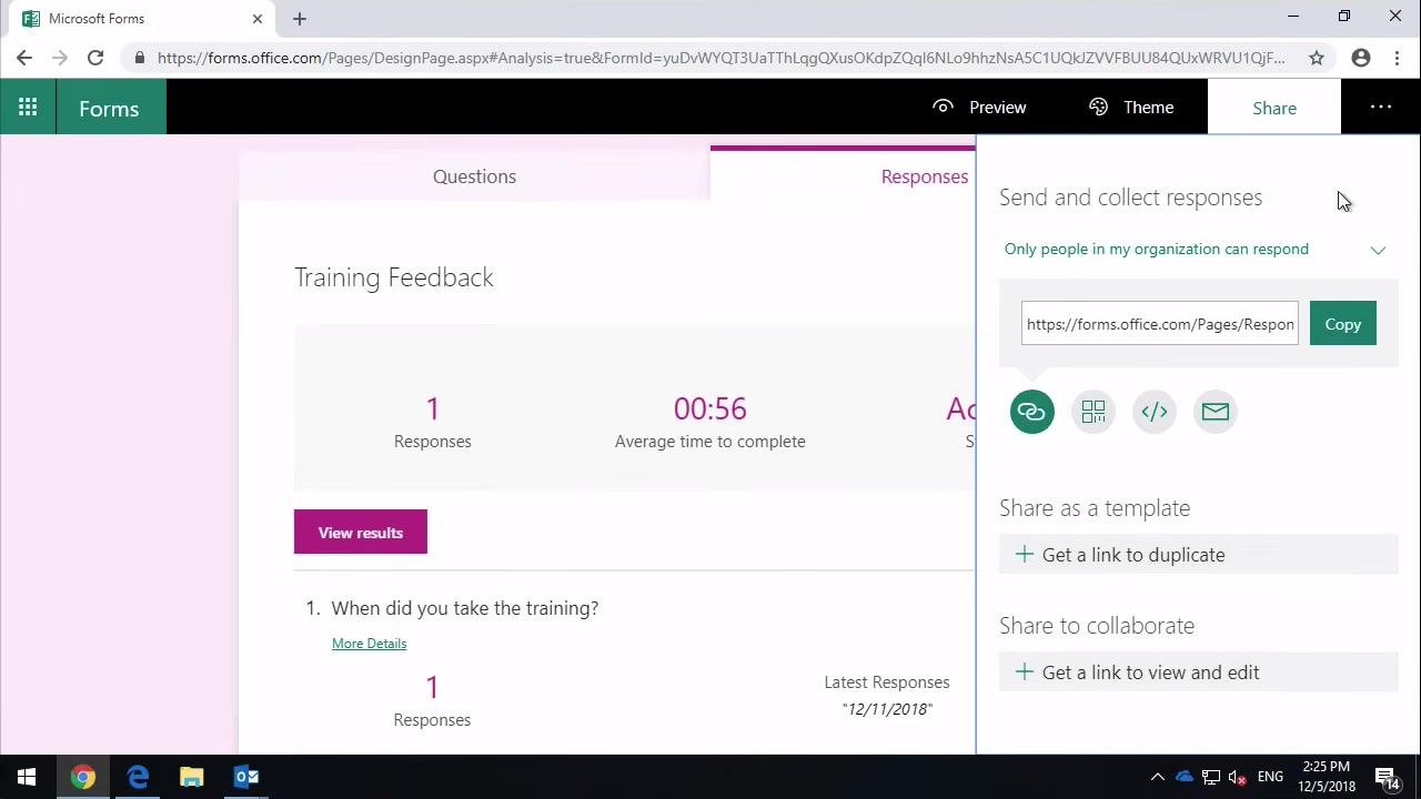 Share panel open, showing options to copy the response link, share as a template, or collaborate