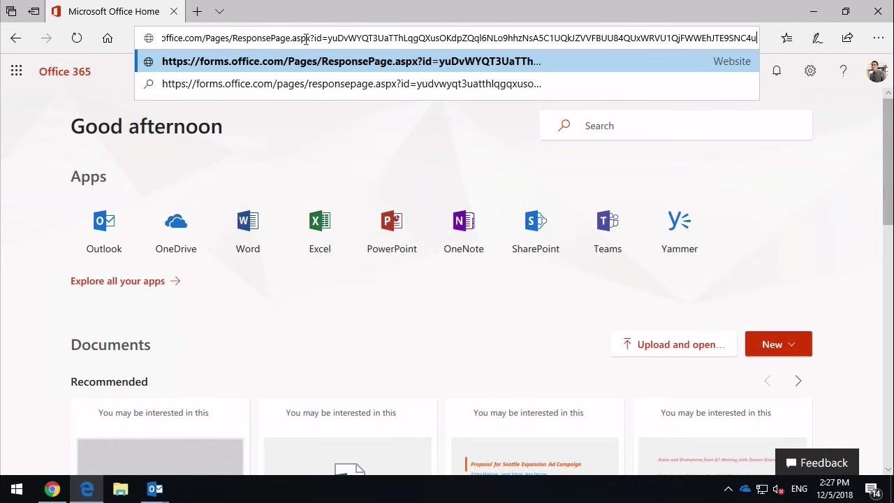 Microsoft Forms sharing panel with the dropdown open, showing 'Anyone with the link can respond' and 'Only people in my organization can respond' options, with the cursor selecting the public option