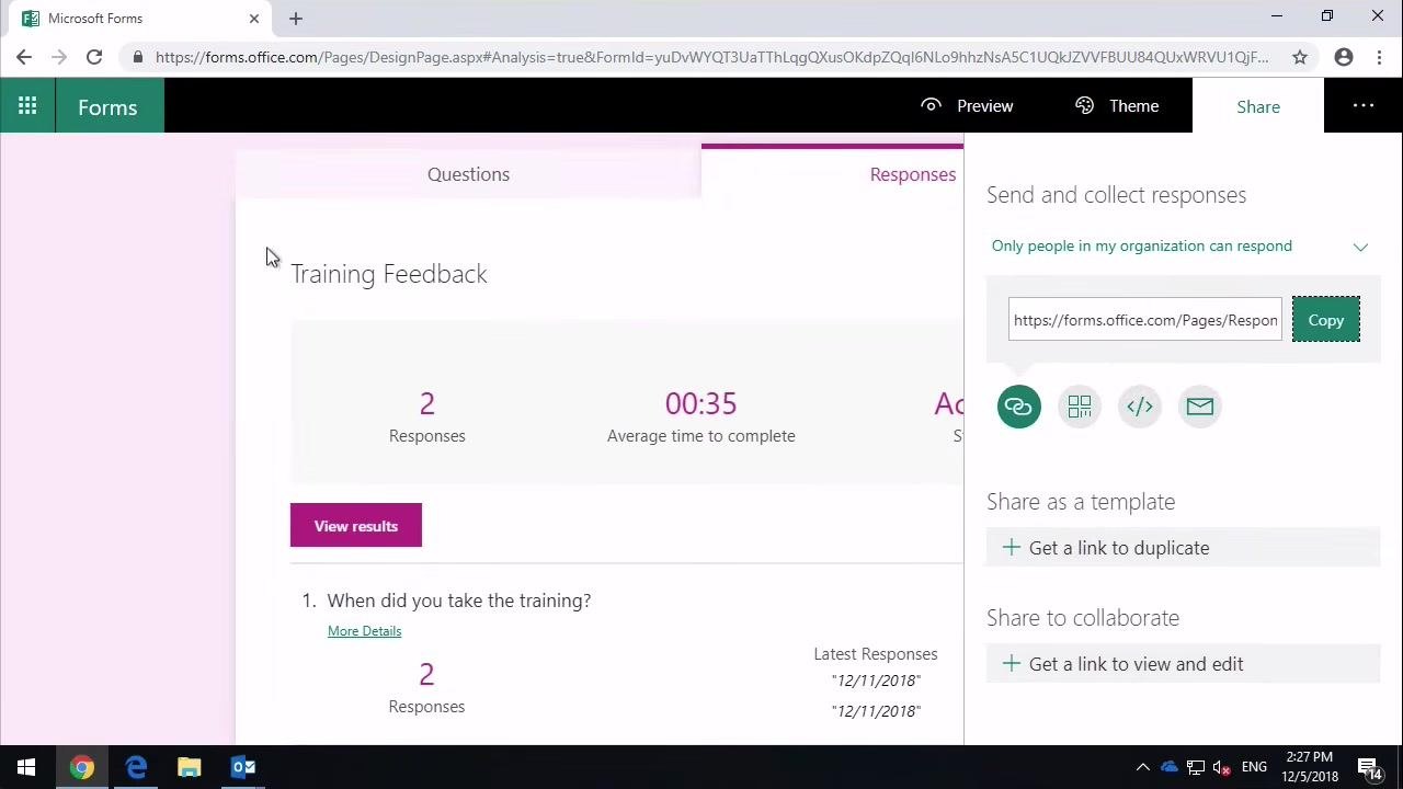 Microsoft Forms 'View results' screen showing individual responder details, answers, and completion time