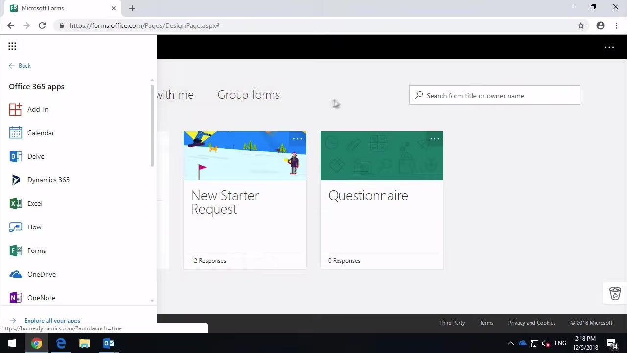 Office 365 app launcher open, with Forms highlighted in the list of apps