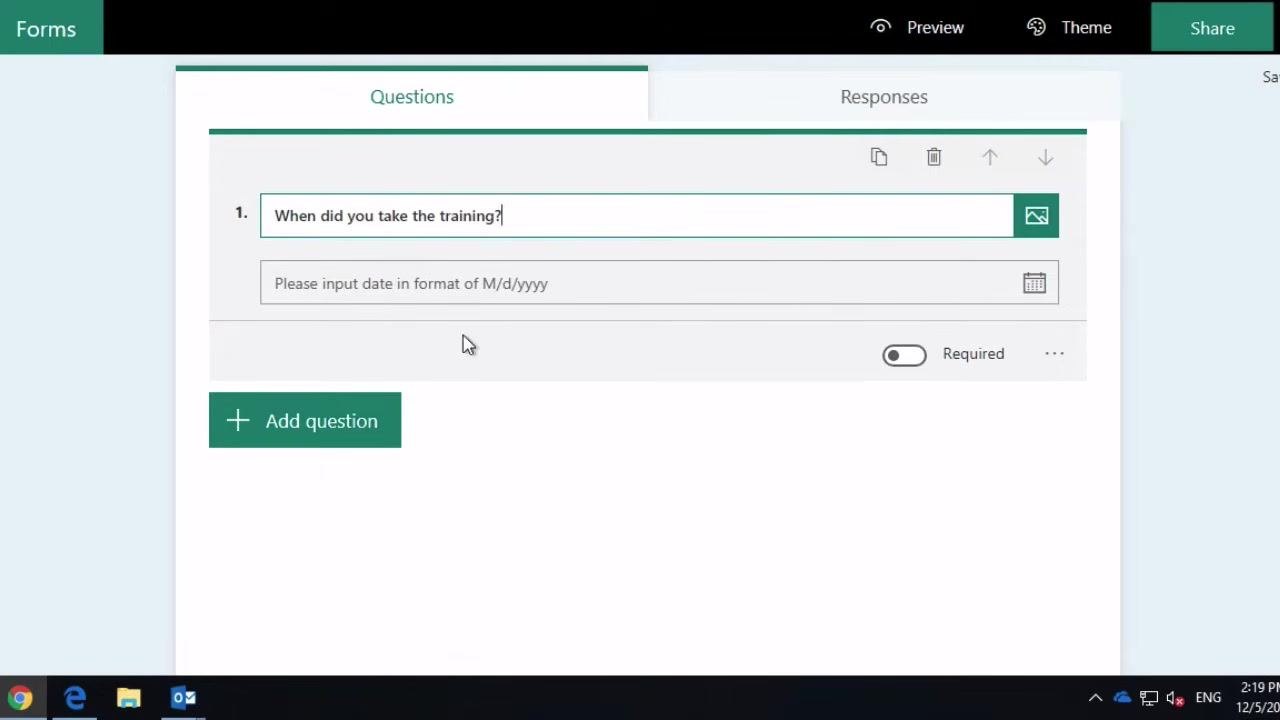 Date question with Required toggle enabled