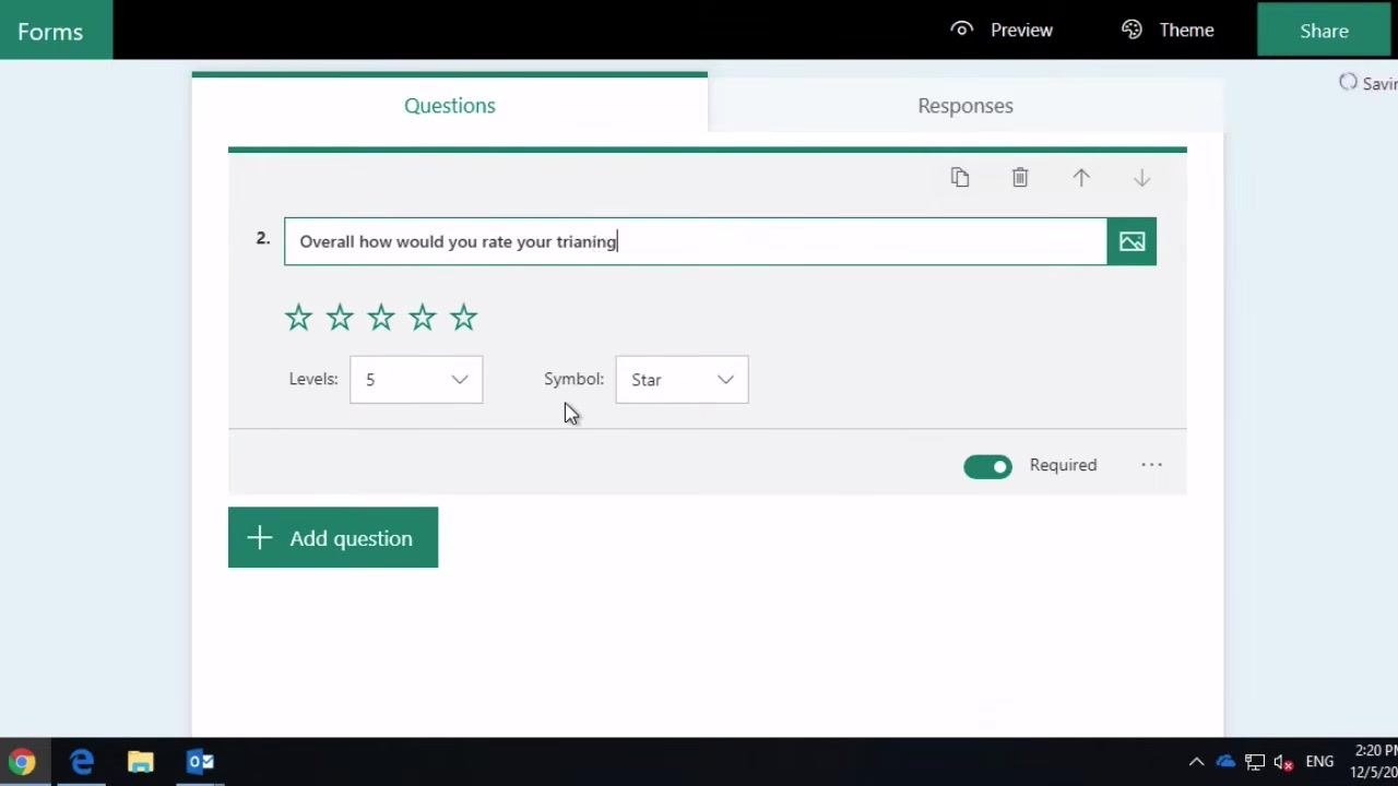 Rating question being configured with 3 stars and Required toggle enabled