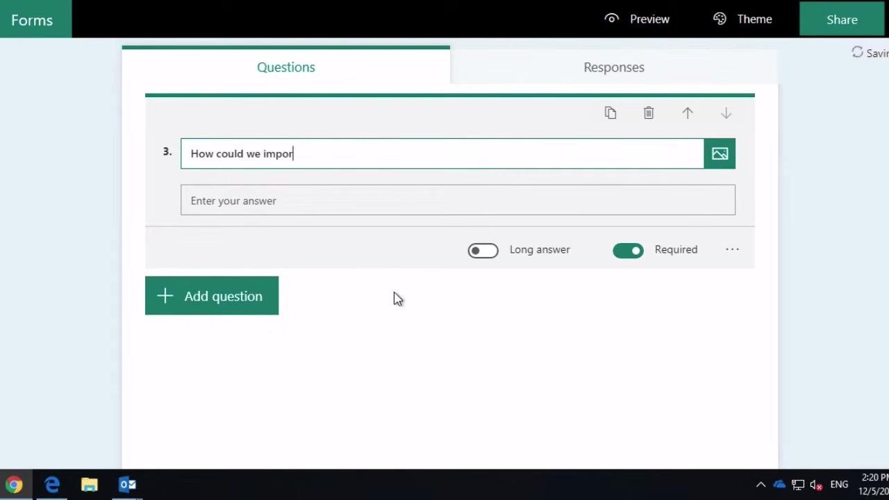 Text question being added with 'How could we improve?' and Required toggle visible