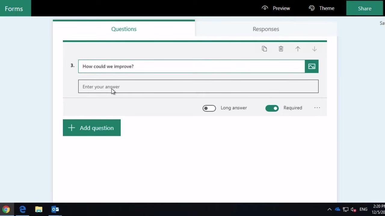 Text question 'How could we improve?' with Long answer toggle enabled and Required toggle about to be disabled
