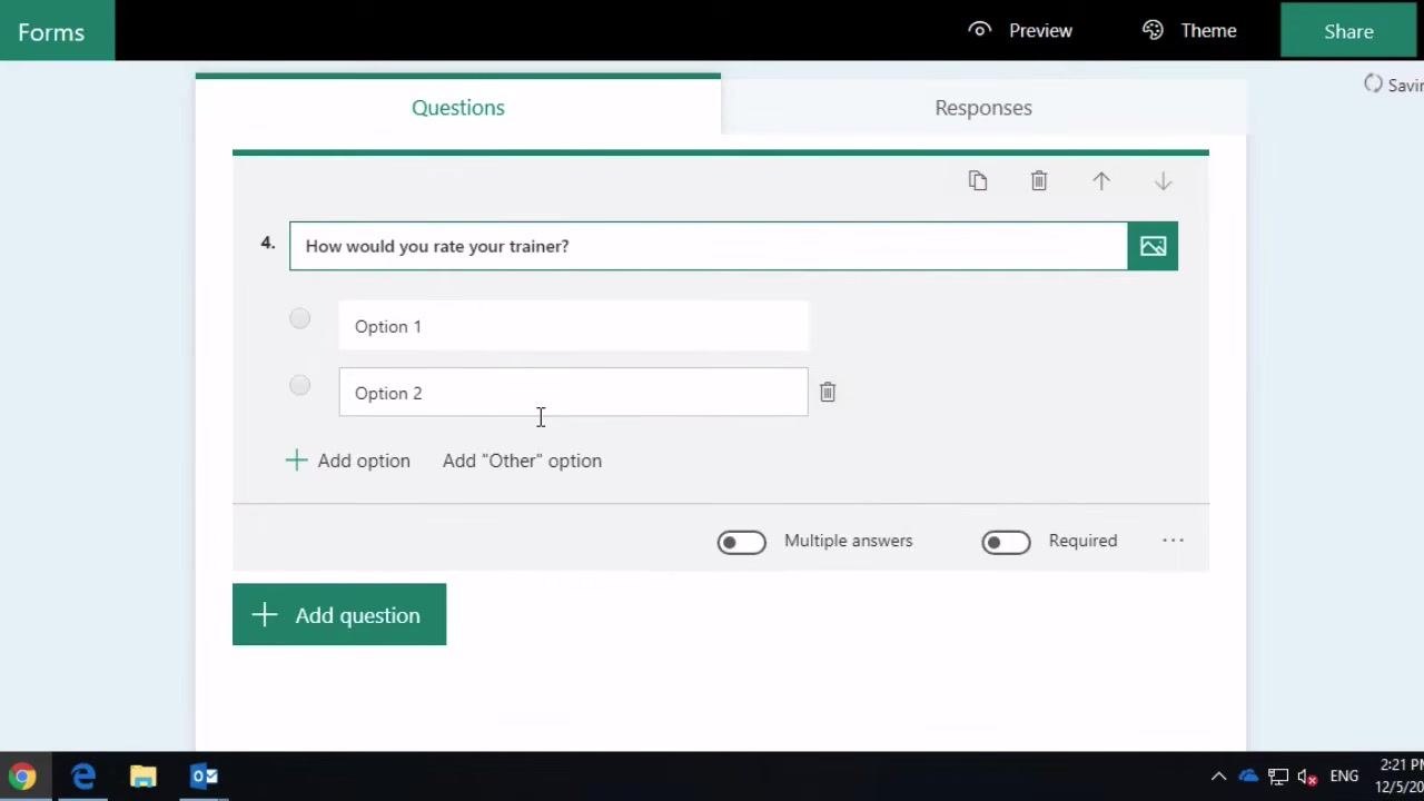 Choice question being created with 'How would you rate your trainer?' and two options