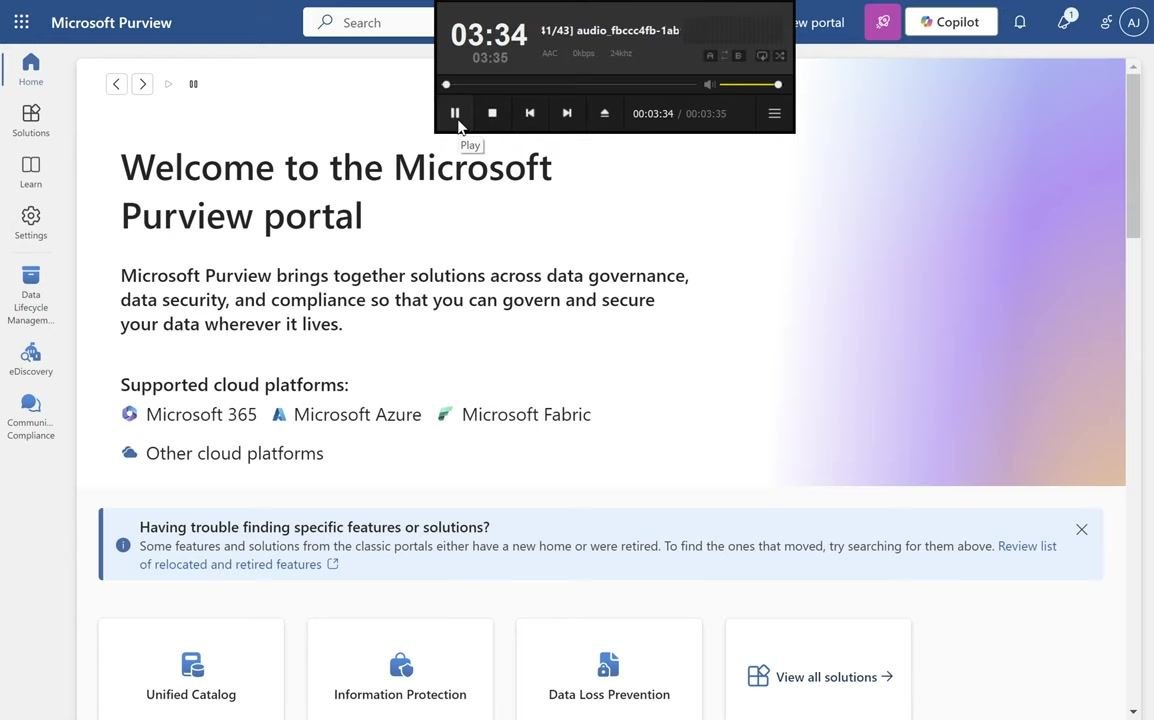 Microsoft Purview portal welcome screen with a left navigation menu showing Home, Solutions, Learn, Settings, Data Lifecycle Management, eDiscovery, and Communication Compliance. The main area displays "Welcome to the Microsoft Purview portal" along with supported cloud platforms.