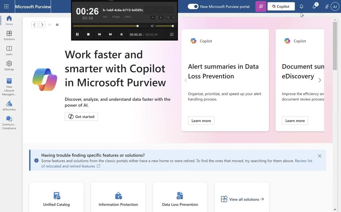 Microsoft Purview portal with Copilot features highlighted, including "Work faster and smarter with Copilot in Microsoft Purview," "Alert summaries in Data Loss Prevention," and "Document summaries in eDiscovery." Dashboard tiles for Unified Catalog, Information Protection, Data Loss Prevention, and View all solutions are visible.