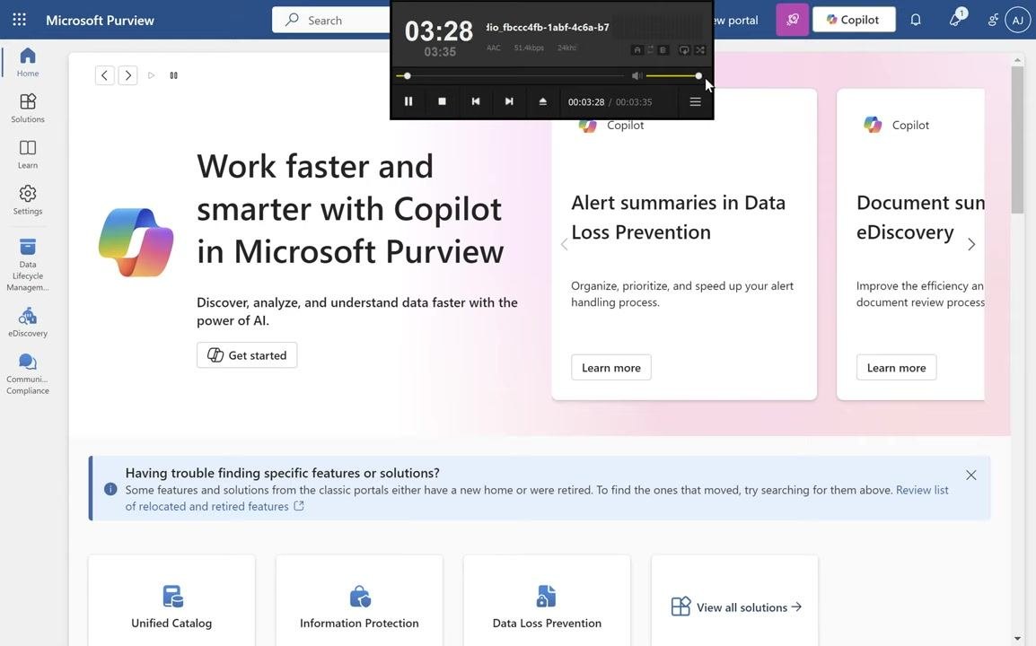 Microsoft Purview main dashboard with Data Lifecycle Management highlighted in the left navigation. The main area shows "Work faster and smarter with Copilot in Microsoft Purview" along with solution tiles at the bottom.