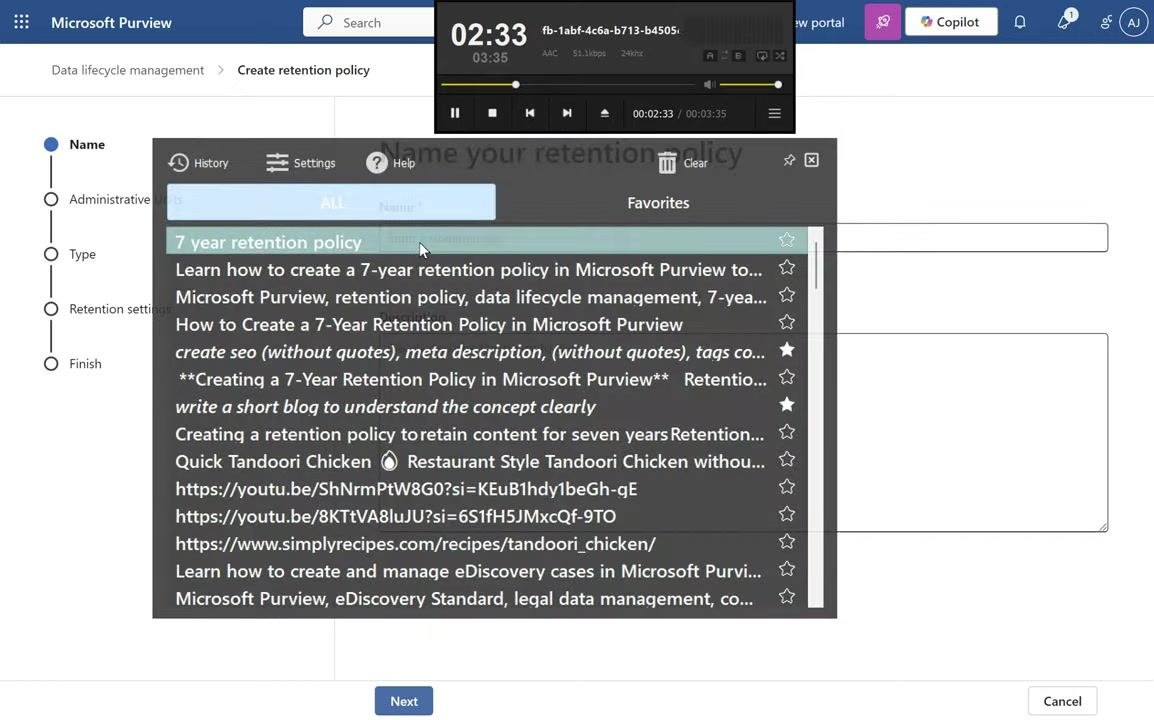 Microsoft Purview retention policy creation form with Name and Description fields, showing "7yr retention policy" being entered. The stepper on the left displays the stages: Name, Administrative Units, Type, Retention settings, Finish.