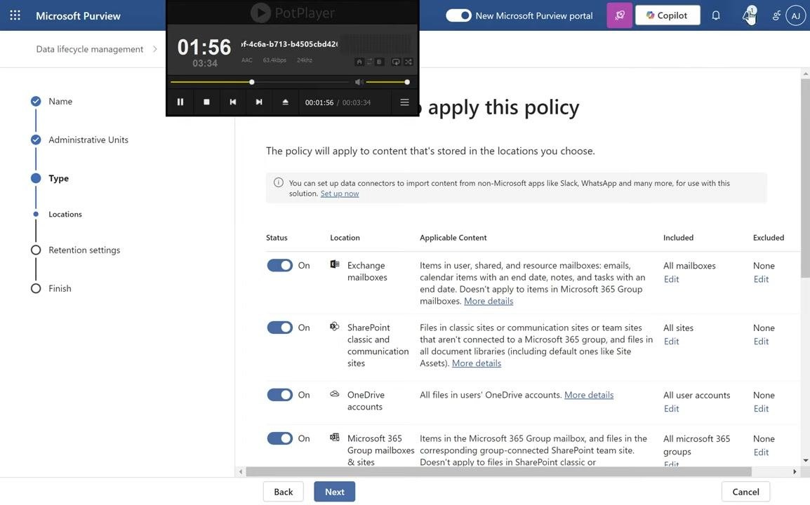 Microsoft Purview Type step showing the Adaptive and Static location options, with a red arrow pointing to Static being selected.