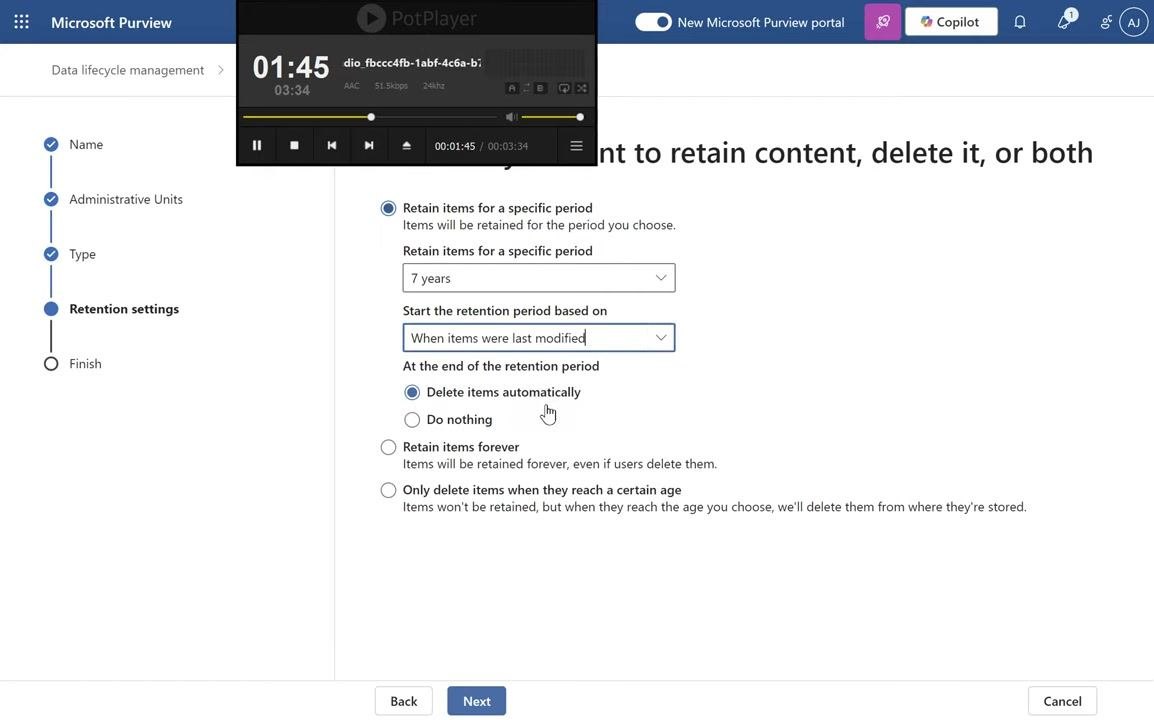 Microsoft Purview Review and finish step showing the policy summary with name, locations, and retention settings, with the policy being submitted.