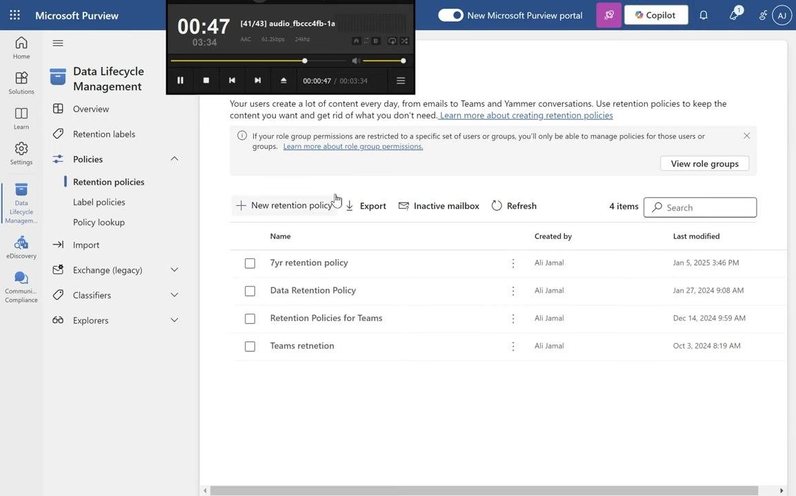 Microsoft Purview Data Lifecycle Management > Retention policies screen listing policies including "7yr retention policy," "Data Retention Policy," "Retention Policies for Teams," and "Teams retention," with the "+ New retention policy" button visible.