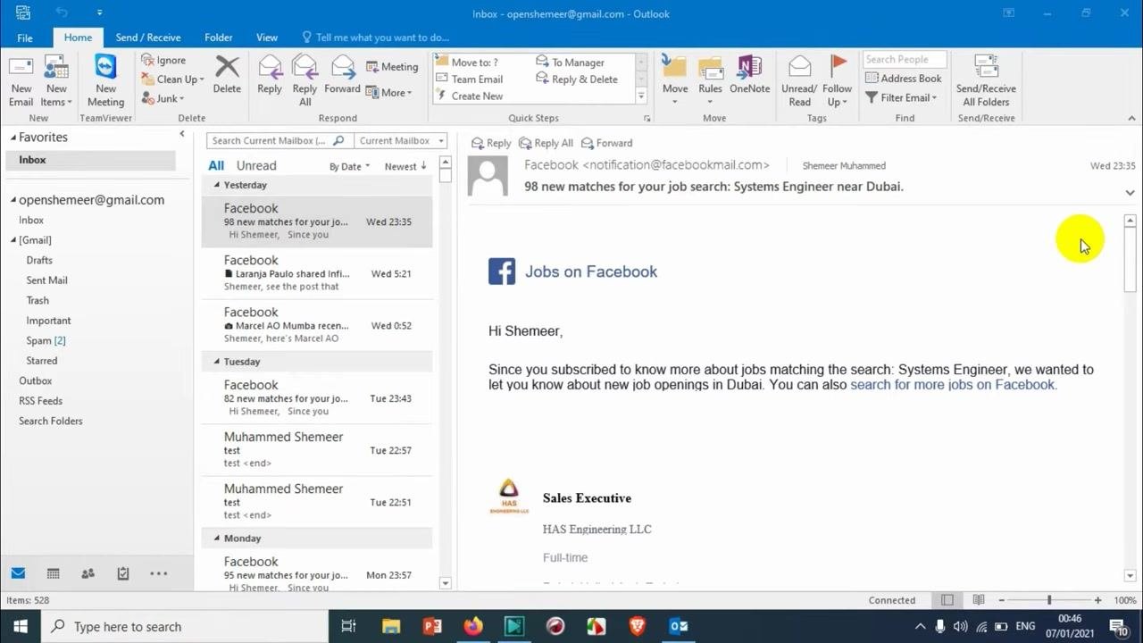 Outlook main window showing the inbox with the message list and reading pane, including several Facebook emails.