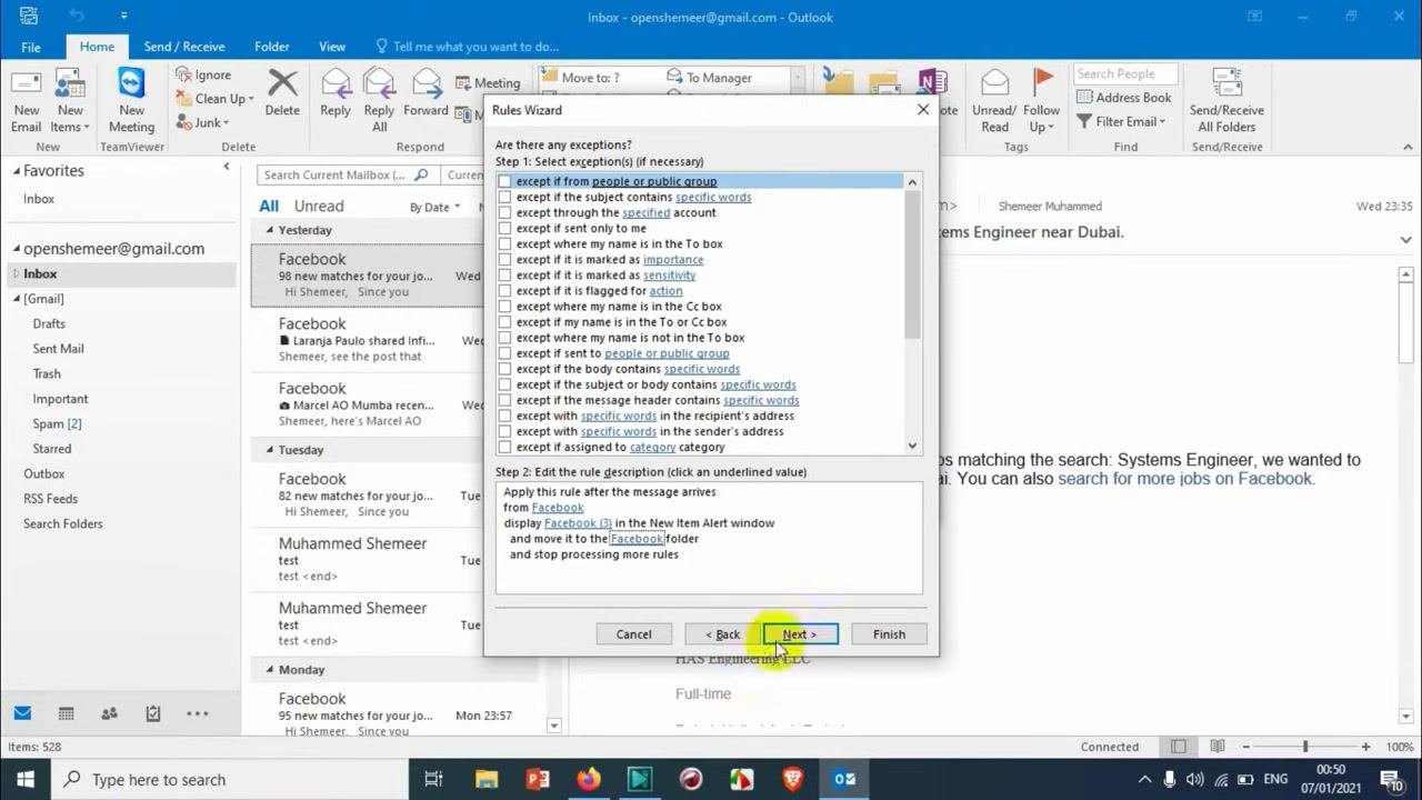 Rules Wizard dialog showing exception options with none selected.