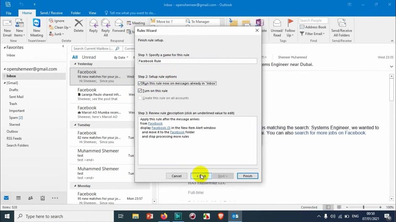 Rules Wizard dialog showing "Facebook Rule" as the name, with both "Run this rule now" and "Turn on this rule" checked.