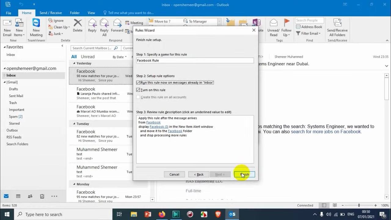Outlook running the rule, displaying a progress bar and the message "Running rule 'Facebook Rule' in 'Inbox'".