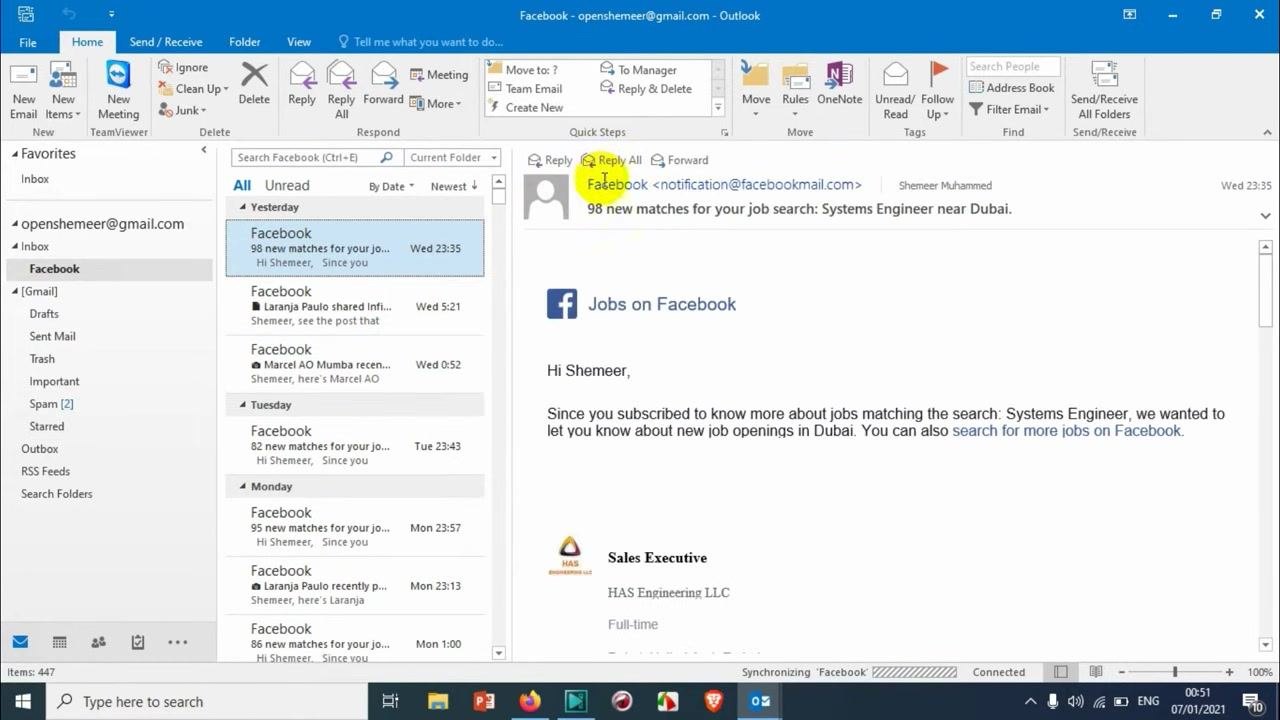Outlook with the Facebook folder selected, showing the Facebook emails now organized inside it.