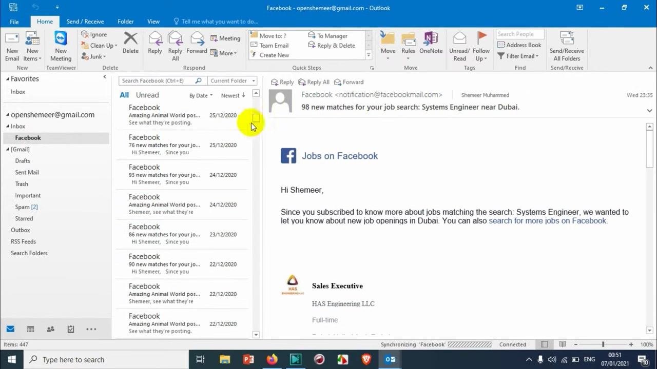 Outlook showing the Facebook folder with sorted emails, confirming the rule is active.