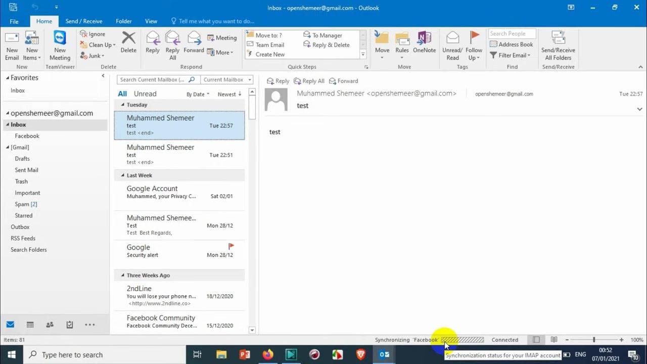Outlook status bar showing "Synchronizing 'Facebook'" with a progress bar in progress.