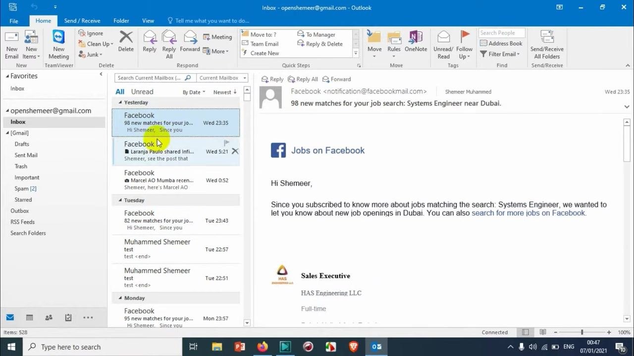 Context menu after right-clicking a Facebook email, showing options such as Reply, Forward, Rules, Move, and Delete.