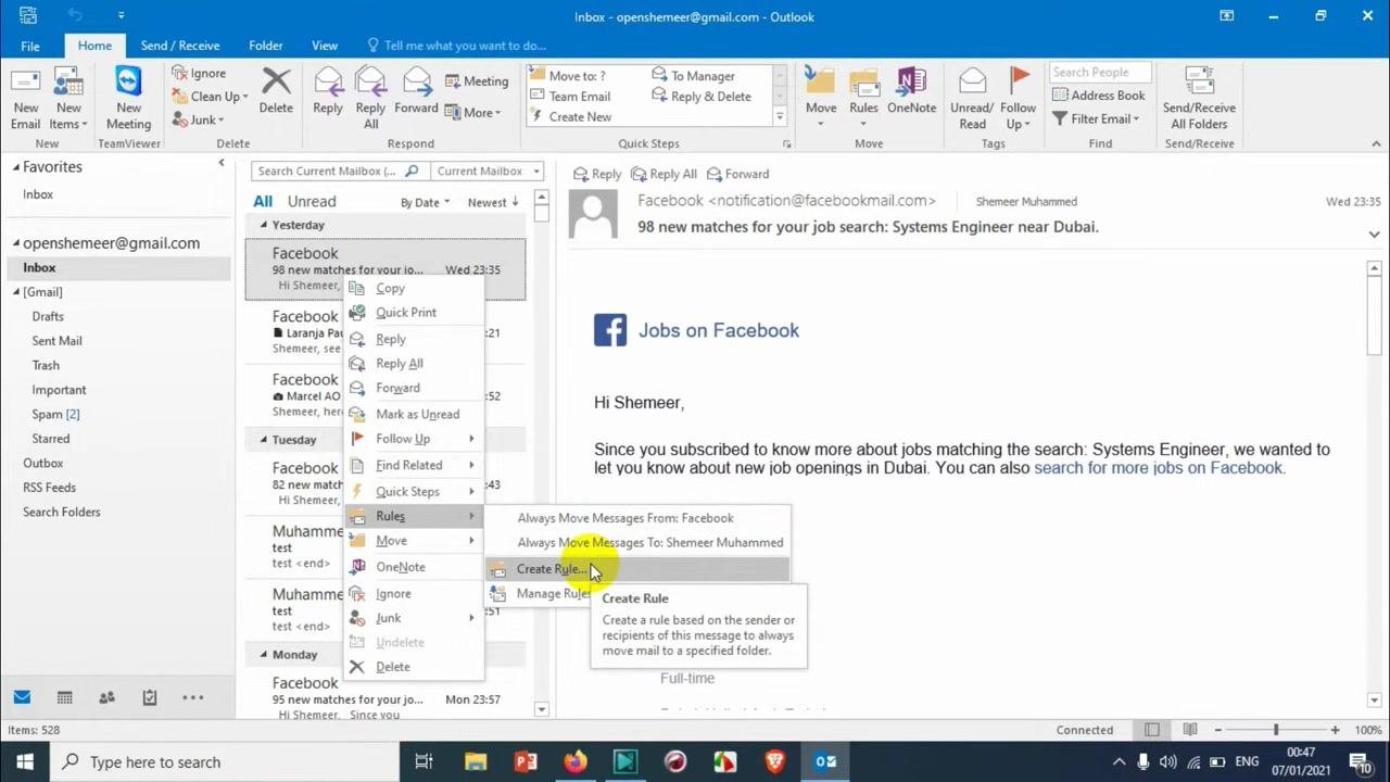 Rules submenu expanded, showing options including Always Move Messages From: Facebook, Create Rule..., and Manage Rules & Alerts...