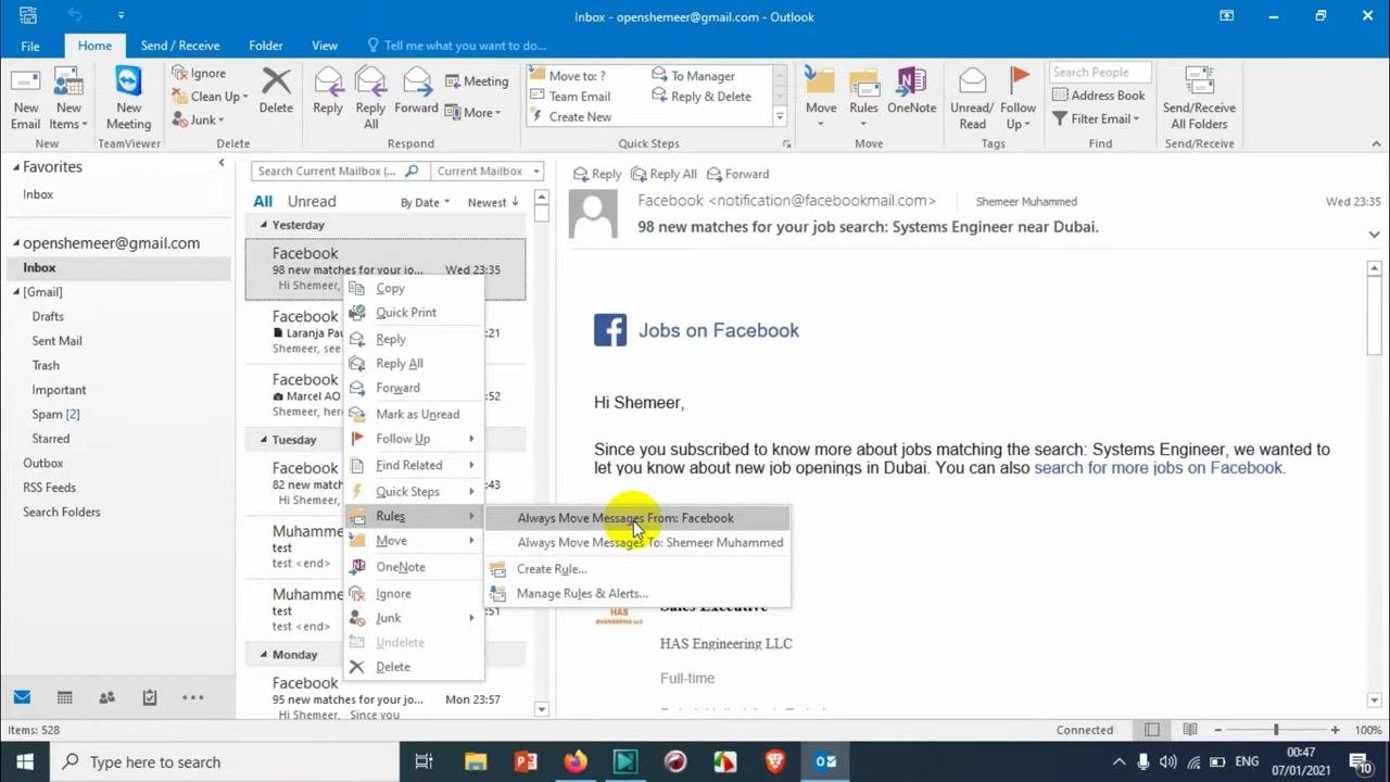 Create Rule dialog box showing condition options (From Facebook, Subject contains, Sent to) and action options including Move the item to folder.
