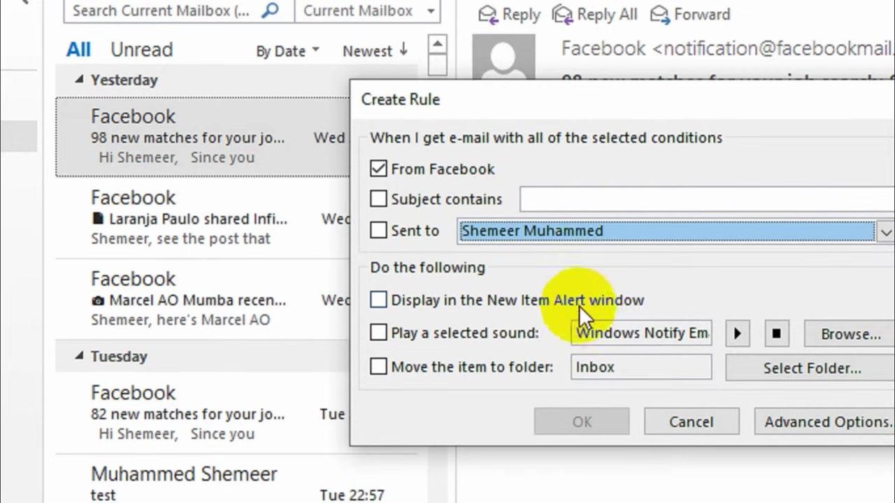 Create Rule dialog with "Display in the New Item Alert window" checked.