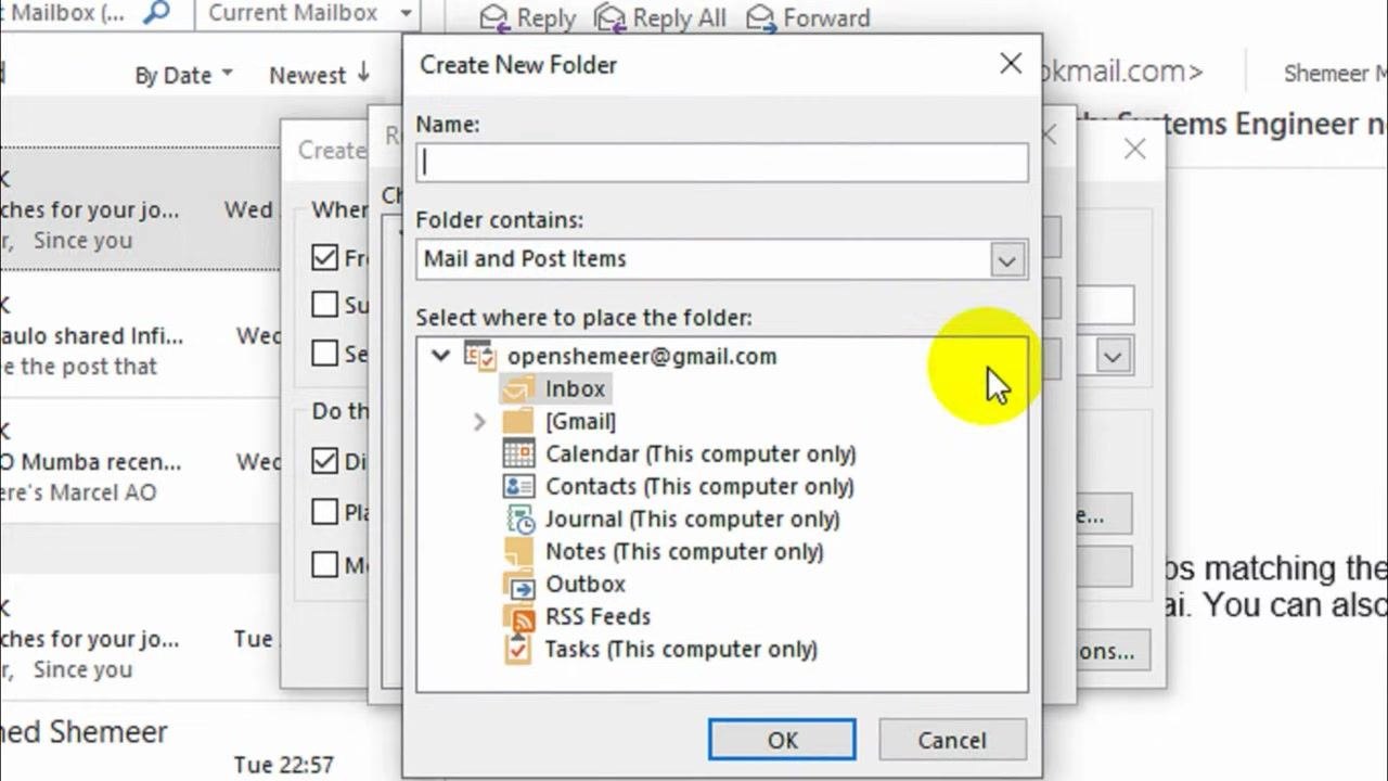 Create New Folder dialog with the name field, "Mail and Post Items" selected, and Inbox highlighted as the parent folder.