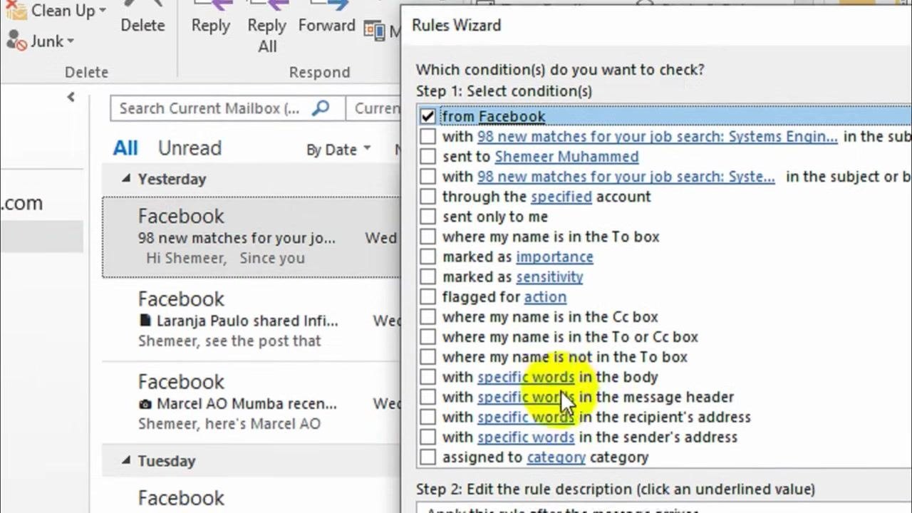 Rules and Alerts dialog with the "Facebook" folder selected under Inbox.