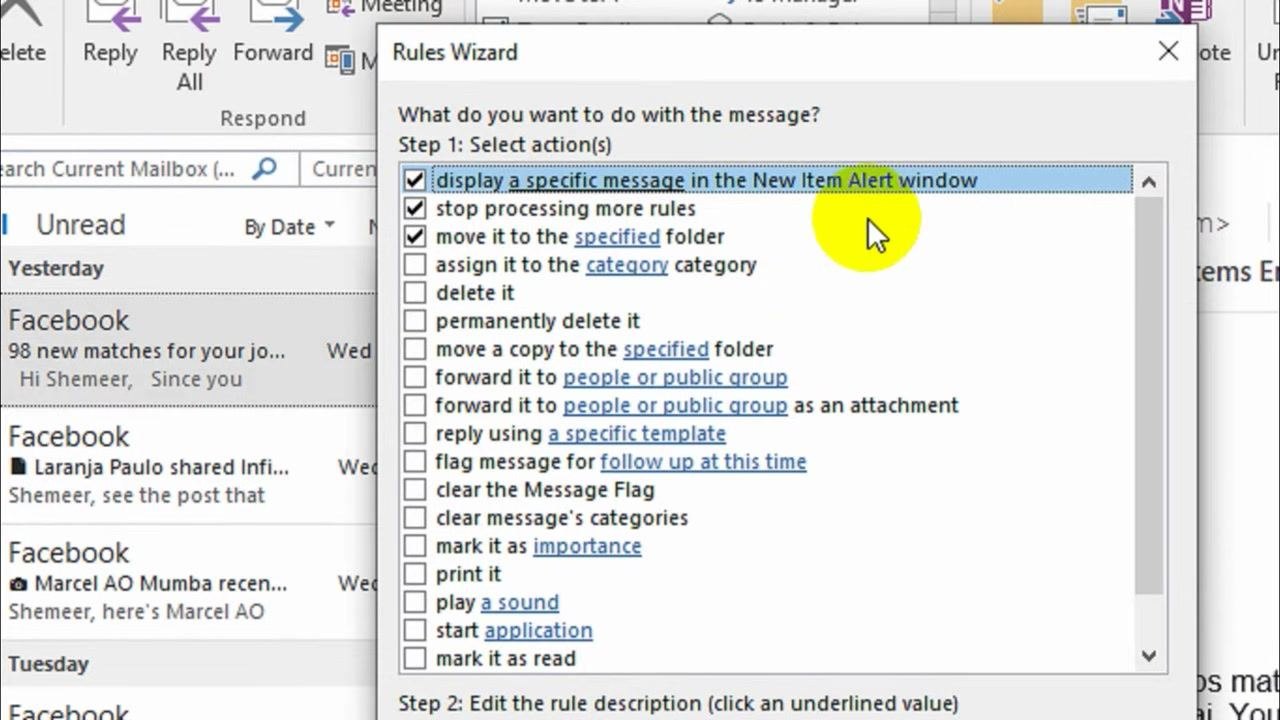 Rules Wizard dialog with the alert notification, stop processing, and move-to-folder actions checked.