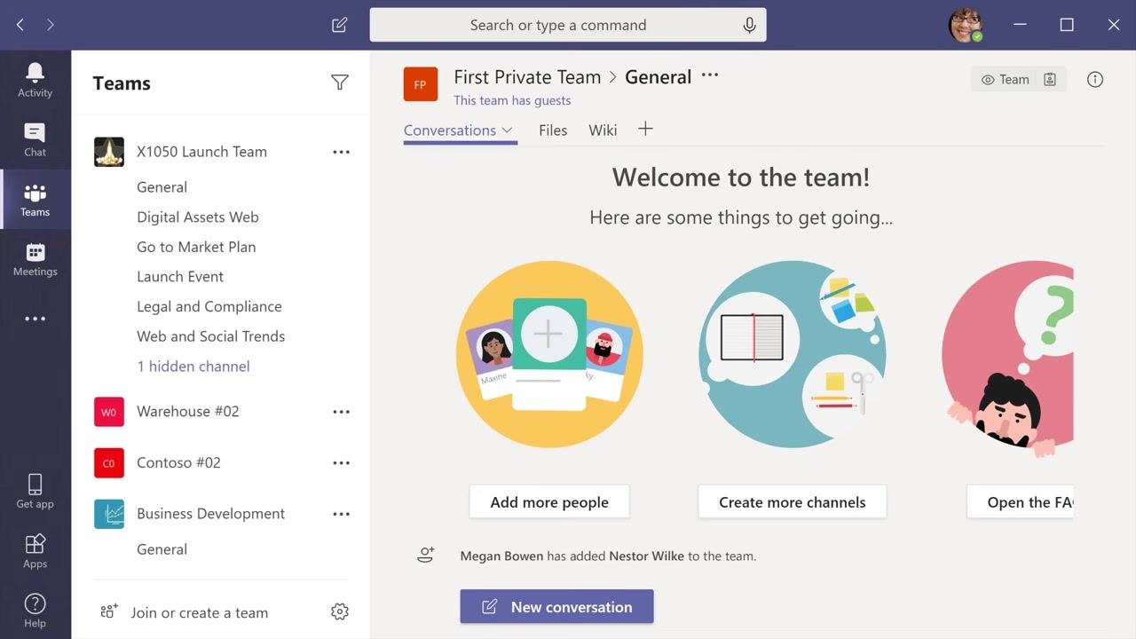 Microsoft Teams main interface showing the Teams tab selected, a list of teams and channels, and options to add people or create channels