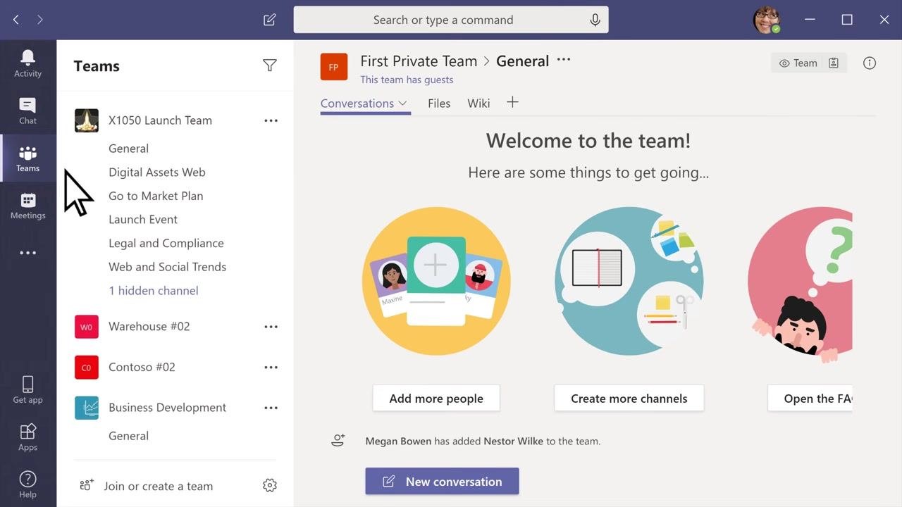 Cursor pointing to the Teams tab, highlighting navigation to join or create a team