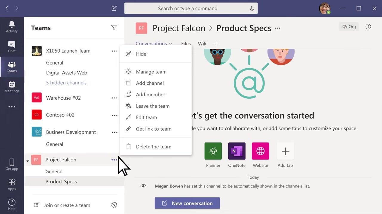 Teams interface with the More Options menu open for "Project Falcon", showing options like Manage team, Add channel, Add member, Edit team, and Delete the team