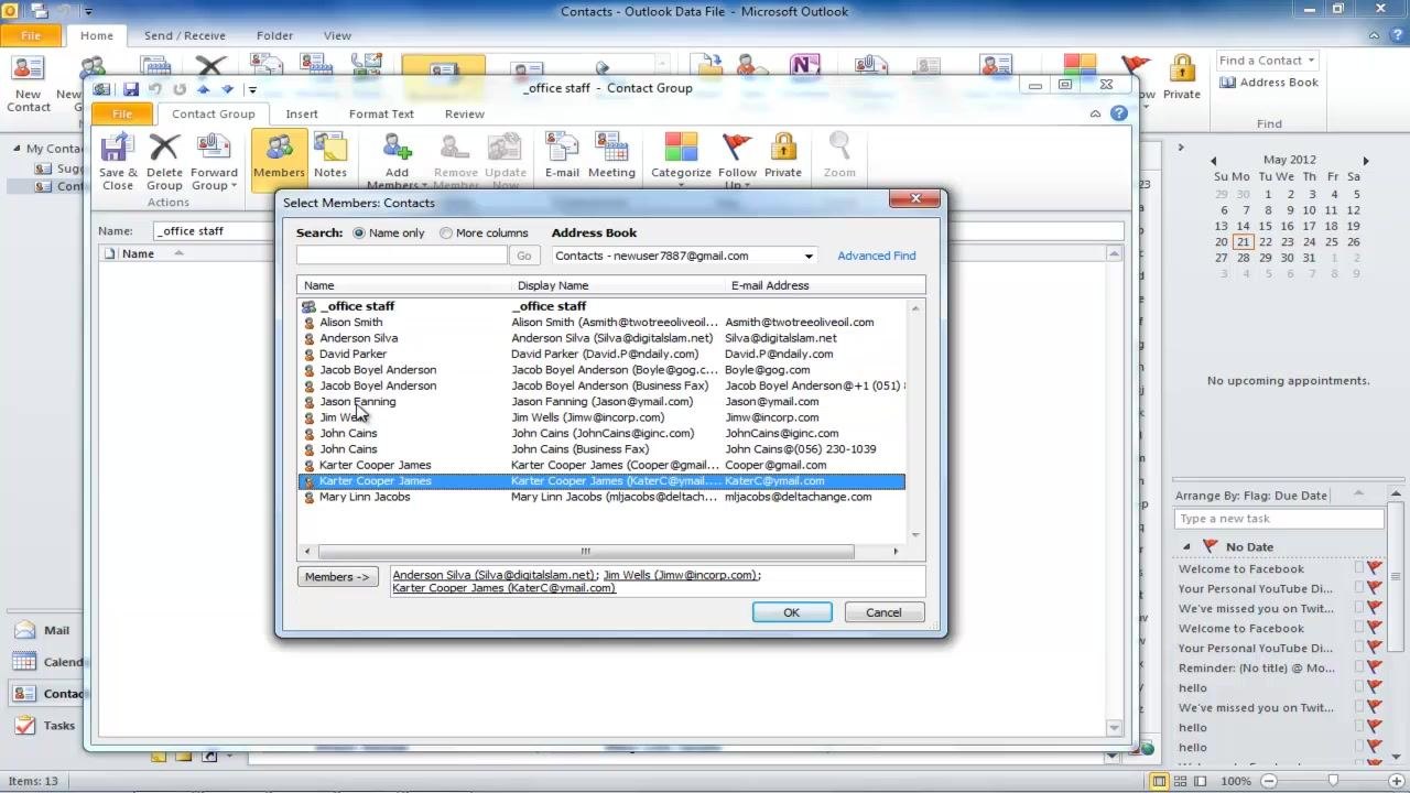 Select Members window showing a list of contacts, with the group "_office staff" being populated with members.