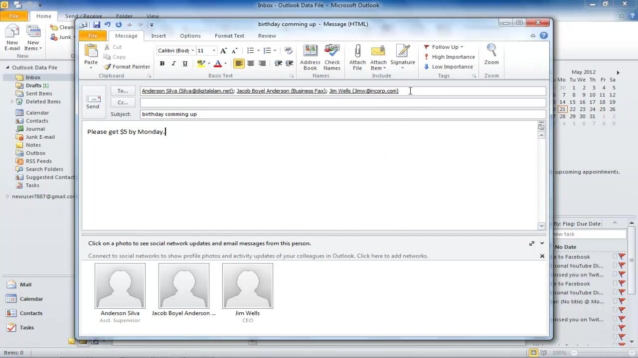 Outlook new email window with "_office staff" in the To field, subject "birthday comming up," and message body "Please get $5 by Monday." The group is about to be expanded to edit recipients.
