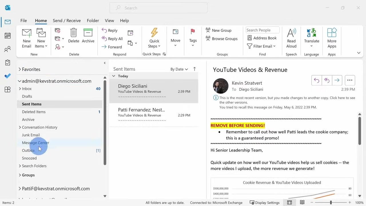The Outbox folder is selected, showing a delayed message that is still available for editing before it is finally sent.